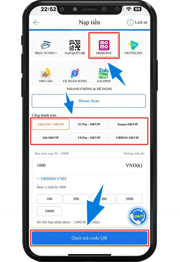Bước 2 : Chọn mục MOMOPAY - Chọn 1 cổng nạp đang hiển thị - Điền số điểm muốn nạp (1 điểm = 1000VND ) => Ấn quét mã code QR